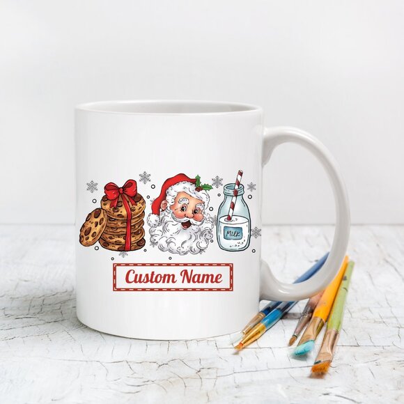 🎅 Personalized Christmas Mug - Retro Santa Claus, Milk & Cookies, Custom Name - Picture 2 of 4
